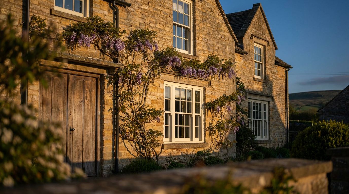 A honey-coloured Yorkshire stone period home with elegant timber sash windows at golden hour